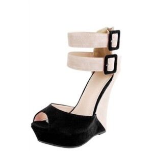 MONACO-BLACK/TAN 2 TONE WEDGES W/ANKLE STRAP