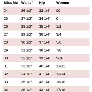 Miss Me size chart