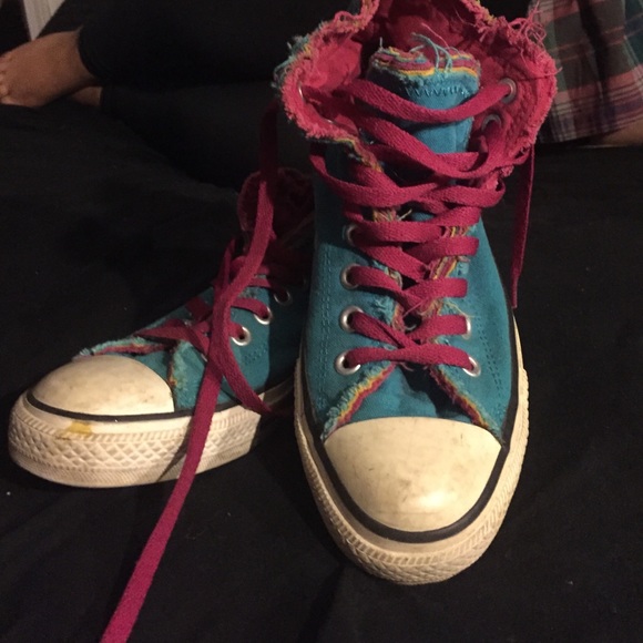 teal multiple tongue converse