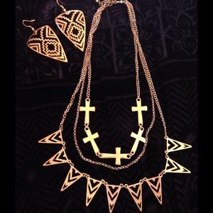 Cool Aztec, Cross Layered Necklace + Earrings