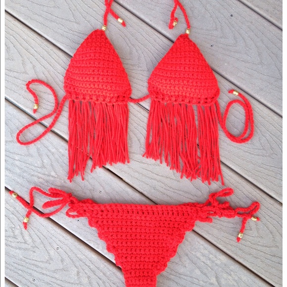 Red fringe hand made crochet bikini~