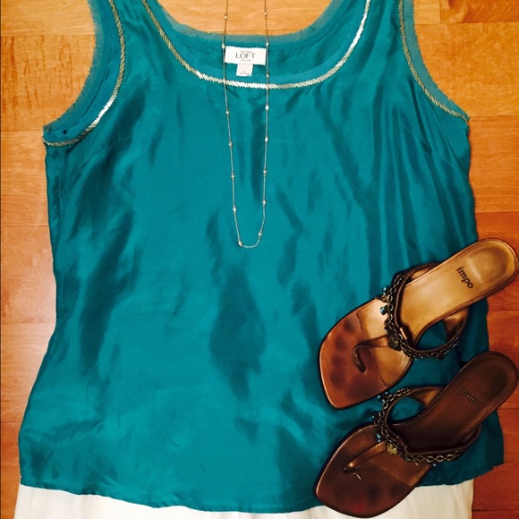 100% silk turquoise tank w/silver bugle beads, L.