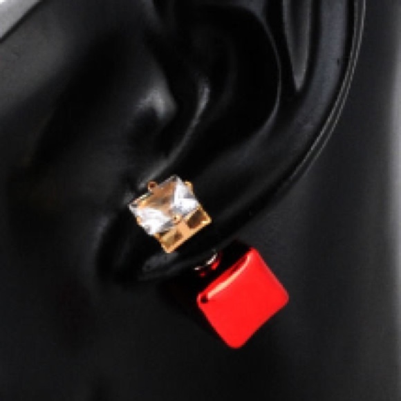 Red Box Double Stud Earrings - Picture 2 of 6