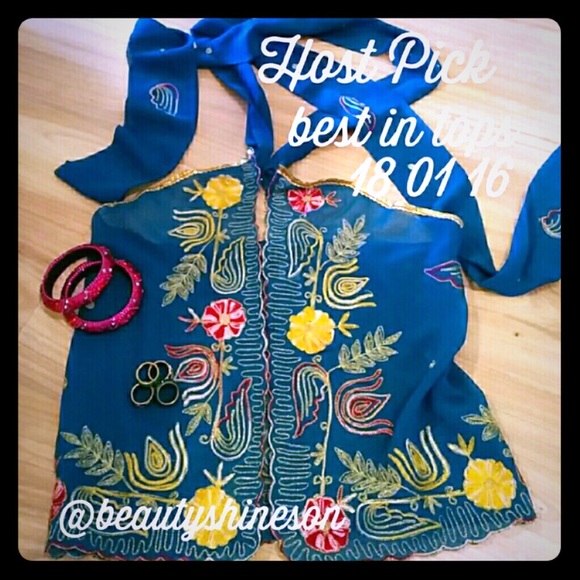 Beautiful Floral Embroidery Halter Top w Gold Trim