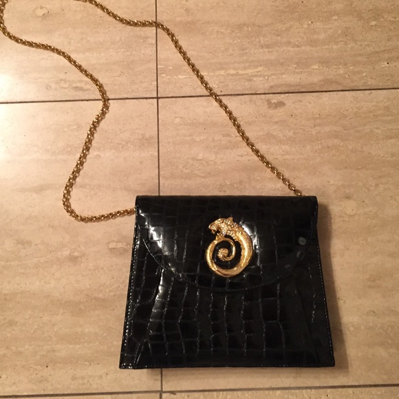 Vintage Purse, black faux skin ladies evening bag