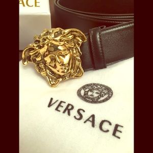 Versace Black Leather Belt Gold Medusa Head Buckle