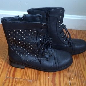 Black leather studded combat boots