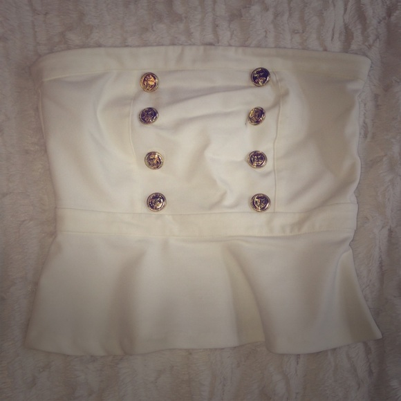 White with gold nautical buttons, peplum tube top