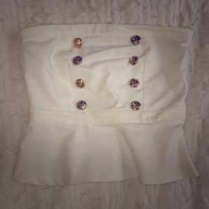 White with gold nautical buttons, peplum tube top