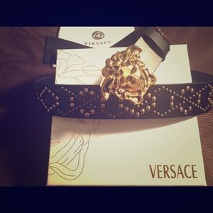 Versace Studded Diamond Pattern Gold Medusa Belt