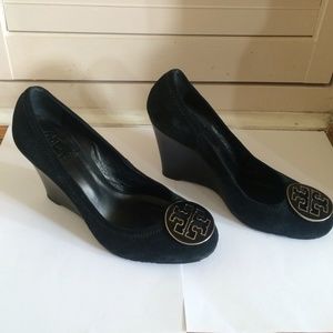 100% Authentic Tory Burch Black Suede Wedge Heels