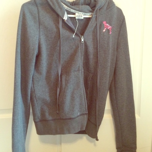 M Grey VS PINK Zip-Up Hoodie w/ Sequin Graphic