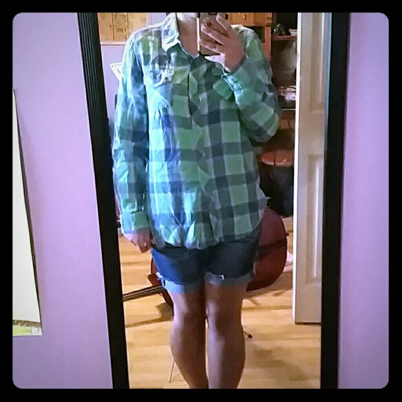 Green and blue plaid long sleeve shirt