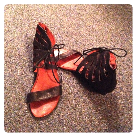 Jeffrey Campbell Ibiza lazer cut wedge sandals.