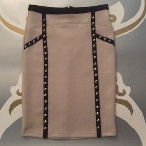 Tan, black, gold studded pencil skirt