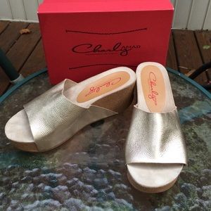 Bloomingdales Gold Leather and Cork slides