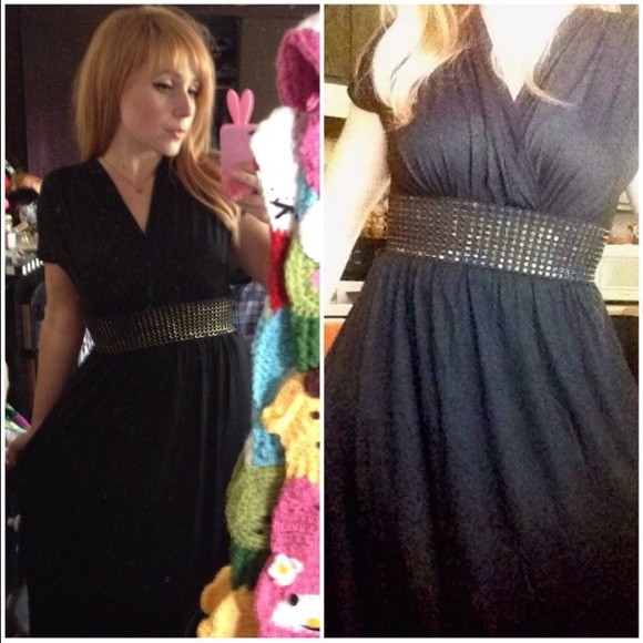 Stretch knit black maxi dress w/ gold waist detail