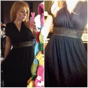 Stretch knit black maxi dress w/ gold waist detail