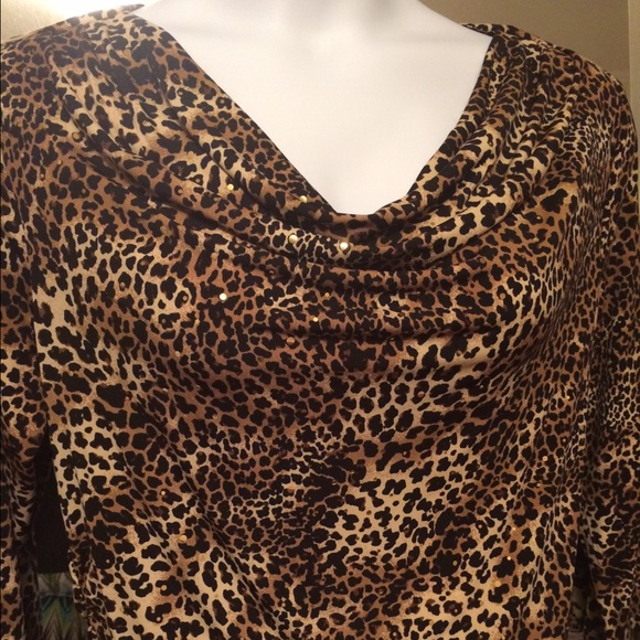 Dressy leopard cheetah cowl neck top with bling