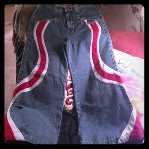 Funky wide leg Jnco jeans with red & white stripe