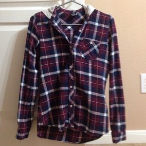 red flannel with grey hood