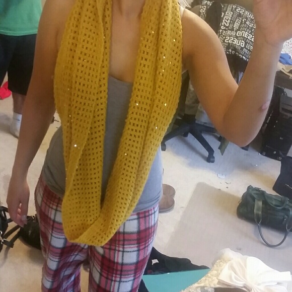 YELLOW KNIT SPARKLE SCARF MUSTARD COLOR