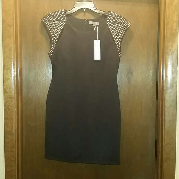 Black body con dress w/ gold studded shoulders