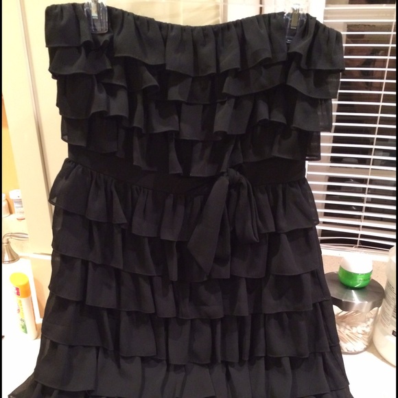 Black strapless ruffle party dress