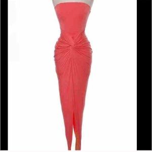 Solid Coral Knotted Midi Bodycon Dress Size Small