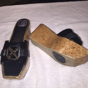 Gold and black flat wedges/ platform shoes