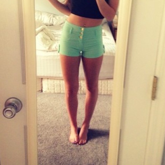 Light blue high waisted shorts.