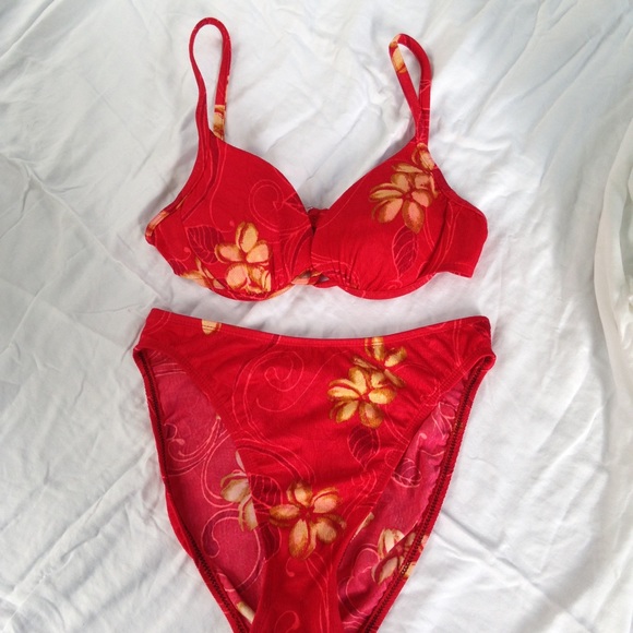 French cut red and gold floral bikini