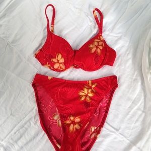 French cut red and gold floral bikini