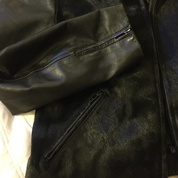 GUESS Frega black leather & cow hair biker jacket - Picture 3 of 4