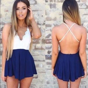 Navy Blue and White Lace Romper