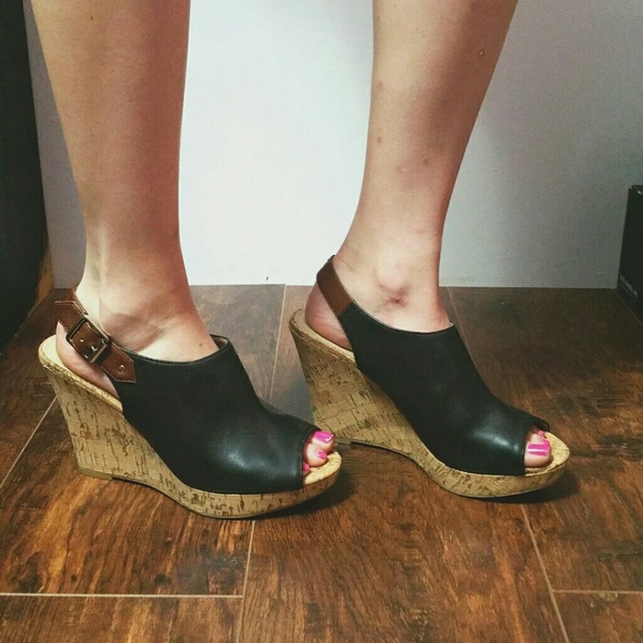 Black Peep Toe Wedge Shoes