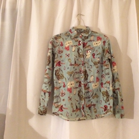 Petite Vintage Cowgirl Print Button Up Shirt