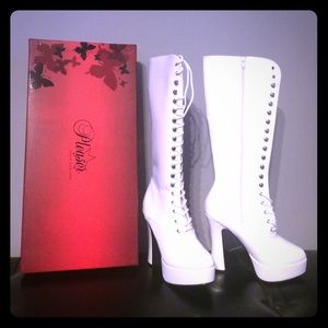 Pleaser white patent, platform boots. New, size 9.