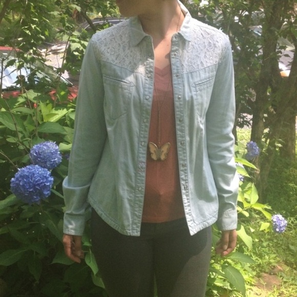 Jean Button Down w/ Lace - Picture 1 of 4