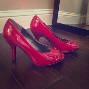 Cherry red pep toe pumps
