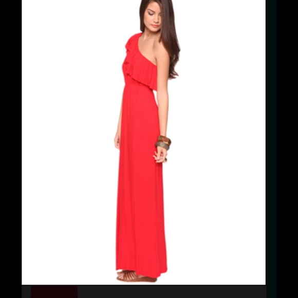 Red one shoulder maxi dress