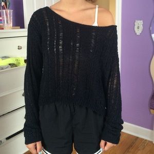 Navy Blue Cropped Over the Shoulder Sweater