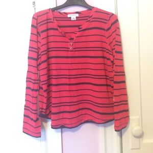 Pink long sleeve shirt with navy blue stripes