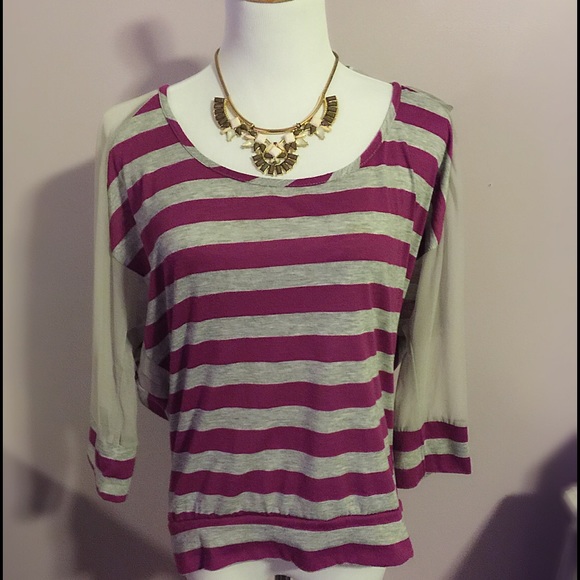 Purple and Grey Striped Sheer Sleeved Shirt
