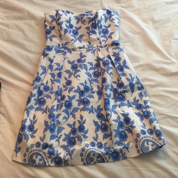 Blue floral print strapless dress