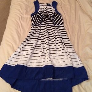 Black/white/cobalt high-low dress