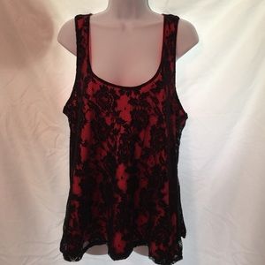 Black lace covered bright red/orange tank top