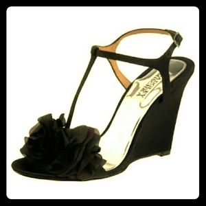 Badgley Mischka Satin Flower T-Strap Wedges