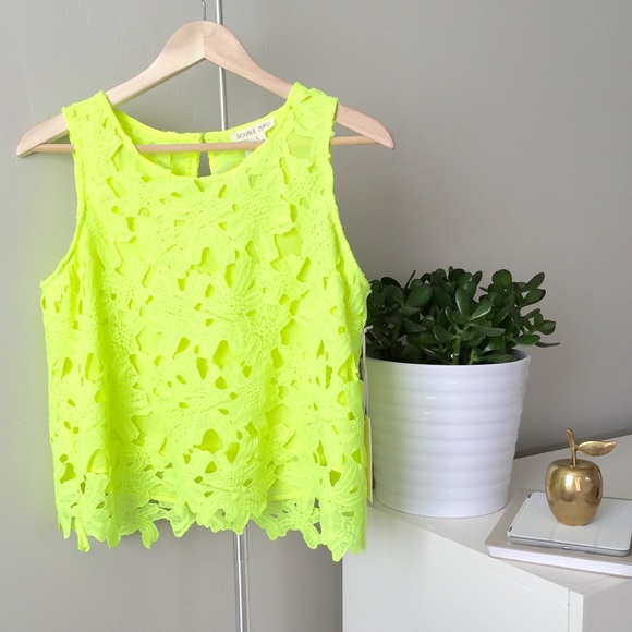 30 off Tops 🍩 SOLD Neon Yellow Floral Crochet Lace Crop Top from