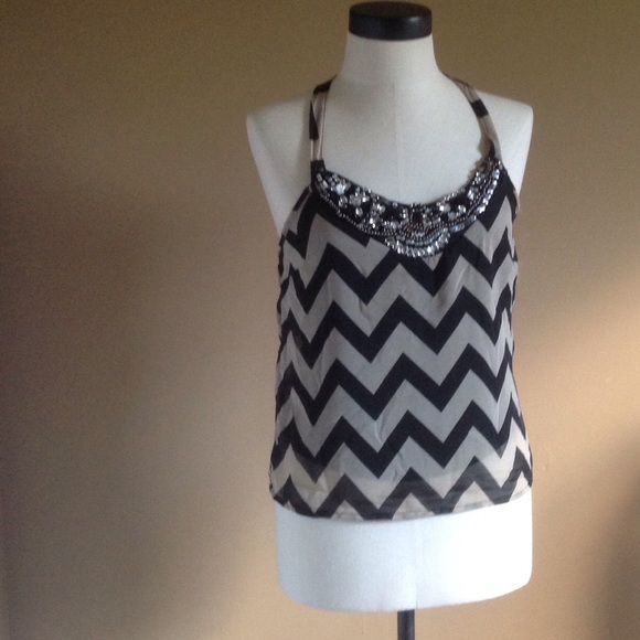 Chevron Gems & Beaded Taupe and Black New Tank Top